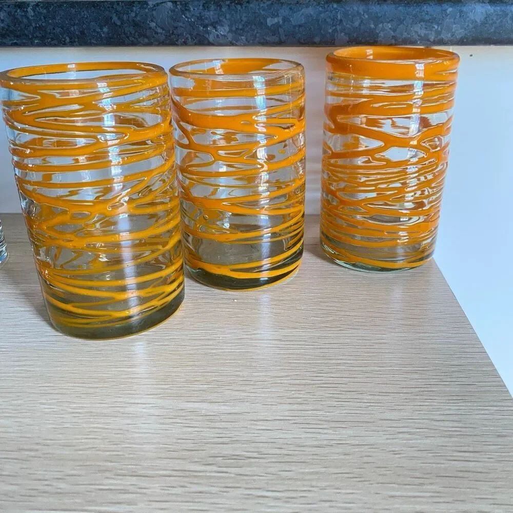 Mexican Handblown Glass Tumblers Orange Swirl - 3